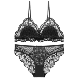 Ensemble de lingerie en dentelle noire sexy style français avec bonnets triangle et détails