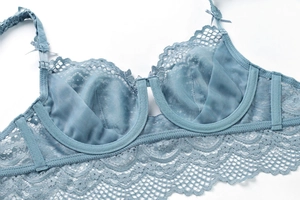 Close-up of light blue lace bra with crochet texture and delicate mesh details