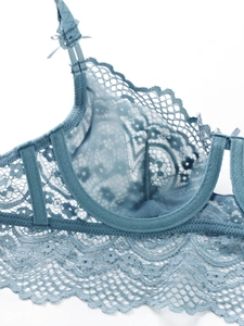 Detailed close-up of blue lace bra with floral patterns and delicate bow accents
