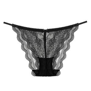 Elegant black floral lace women's panties with thin straps and a delicate bow detail