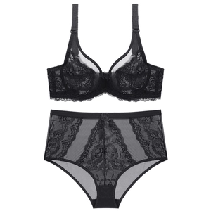 Lace lingerie set with sheer floral bra and matching high-waist mesh panties in black