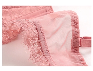 Close-up of pink eyelash lace and semi-transparent mesh detail on French bra