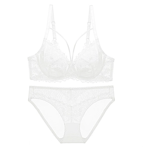 Detailed close-up of white lace floral embroidery on French style lingerie set