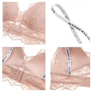 Dettaglio reggiseno in pizzo rosa a pois con spalline dorate e chiusura posteriore a tre file
