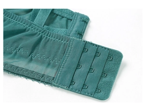 Detailed close-up of the 3-row hook-and-eye back closure on a teal lace bra