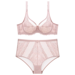 Lace lingerie set with 3/4 cup bra and high-waisted panty in mauve pink color