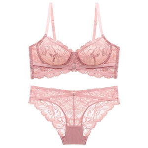 Französisches Dessous-Set aus rosa Spitze mit Blumenstickerei und Bügel-BH-Design