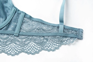 Detail of light blue floral lace and breathable mesh wings on this elegant bra
