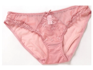 Detailed view of light pink lace panties with delicate bow and sheer mesh texture