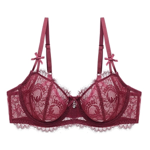 Detail of burgundy lace bra showing intricate embroidery and crystal pendant decoration