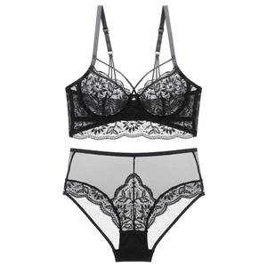 Ensemble de lingerie en dentelle florale noire de style français avec mesh ultra-fin