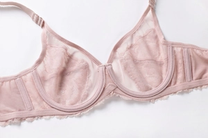 Detailed close-up of pink floral lace bra showing underwire support and eyelash lace trim