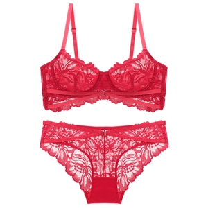 Rotes französisches Spitzen-Dessous-Set mit Blumenstickerei und verstellbaren Trägern