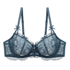Detail of blue-grey sheer eyelash lace bra with floral embroidery and bow pendant