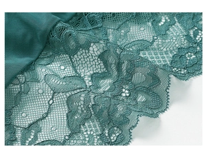 Detailed close-up of dark teal floral lace and mesh fabric on a push-up bra