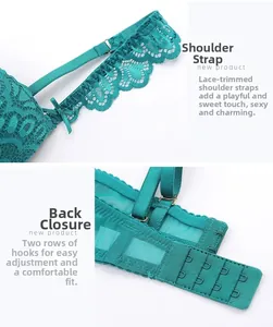 Close-up of dark teal lace bra featuring floral embroidery straps and double hook-and-eye closure