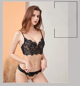 Close-up of intricate black eyelash lace detailing on a French style U-back bra