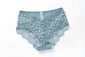 Detailed view of light blue lace panties featuring floral embroidery and cotton crotch lining