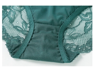 Detail of teal lace underwear featuring floral patterns and breathable mesh fabric