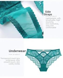 Close-up of peacock green lace lingerie set with breathable mesh and elastic details