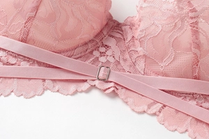 Makroansicht der rosa florale Spitze und silberne Metallschieber für den Träger