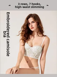 Detail of white longline bra featuring floral embroidery and a 7-hook slimming closure