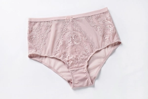 Detail showing high-waisted lace panties in dusty rose with mesh fabric and a tiny bow