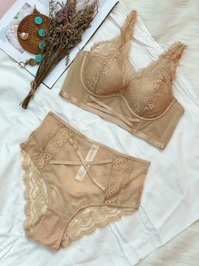 Flachbild-Detail eines beigen Spitzen-Lingerie-Sets mit Bügel-BH und High-Waist-Slip