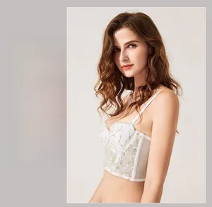 Detail of French vintage bustier bra featuring luxury floral lace embroidery and mesh sides