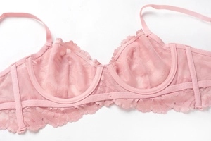 Detailansicht der rosa Stickerei und der transparenten Spitze am Bügel-BH
