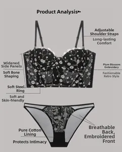 Detailed view of the plum blossom embroidery and adjustable straps on black lace lingerie