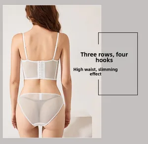 Detail of white lace longline bra with three-row four-hook closure and sheer mesh fabric