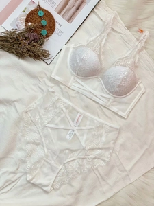 Detaillierte Ansicht des weißen floralen Spitzen-Dessous-Sets mit High-Waist-Cutout-Höschen