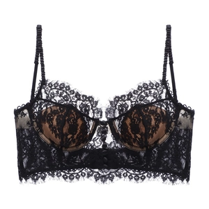 Close-up of black eyelash lace bralette with tan lining and front button details