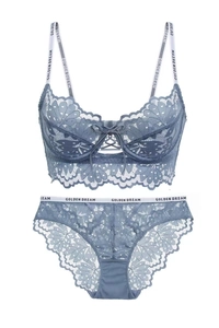 Detailed blue lace lingerie set featuring logo straps and delicate floral mesh patterns