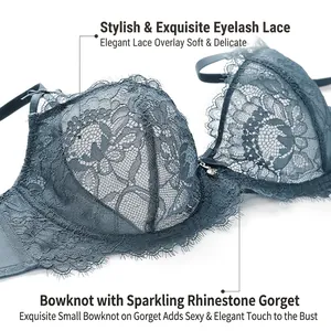 Exquisite blue-grey eyelash lace bra with floral embroidery and crystal bowknot detail