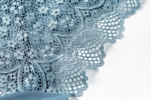 Détail macro de la broderie en dentelle française et mesh sur le soutien-gorge bleu