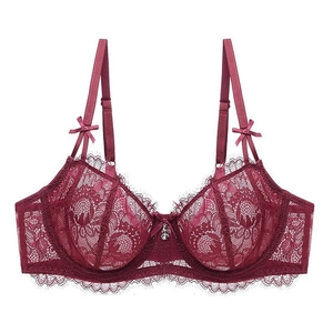 Deep red sheer floral lace underwire bra with delicate bow details and crystal pendant