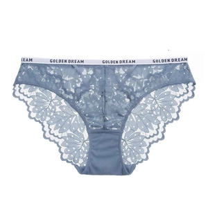 Close-up of light blue floral lace panties with white elastic waistband and brand text
