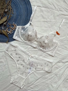 Dettaglio del set di lingerie in pizzo bianco con ricami e tessuto a rete