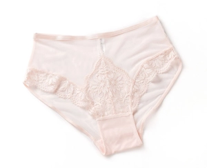 Détail de culotte taille haute rose clair avec broderie florale et maille transparente