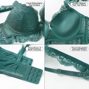 Green lace embroidery push-up bra with underwire support and floral lace details