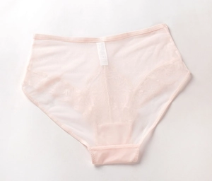 Gros plan sur une culotte taille haute rose clair en mesh avec broderies de dentelle florale