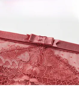 Macro shot of dark red lace texture with a silky bow detail on thin women underwear