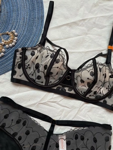 Dettaglio del ricamo floreale a contrasto sul set reggiseno e slip in mesh trasparente