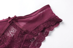 Gros plan détaillé d'une culotte en dentelle bordeaux avec broderie florale et nœud