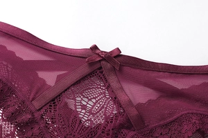 Détail de culotte en dentelle violet foncé avec nœud en satin et broderie raffinée