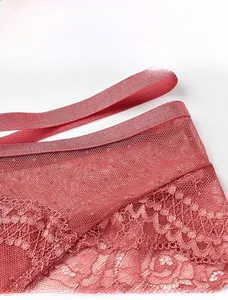 Detail of breathable sheer mesh and floral lace pattern on low waist women panties