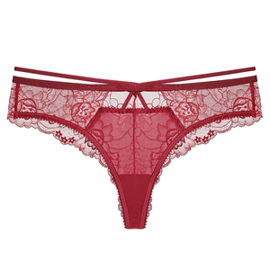 French Sexy Low Waist Lace Thong For Women Breathable Hollow Out Strappy Panties Floral Lingerie With Bow Decor