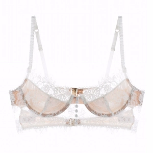Detailed view of white eyelash lace bra with central pearl buttons and adjustable straps